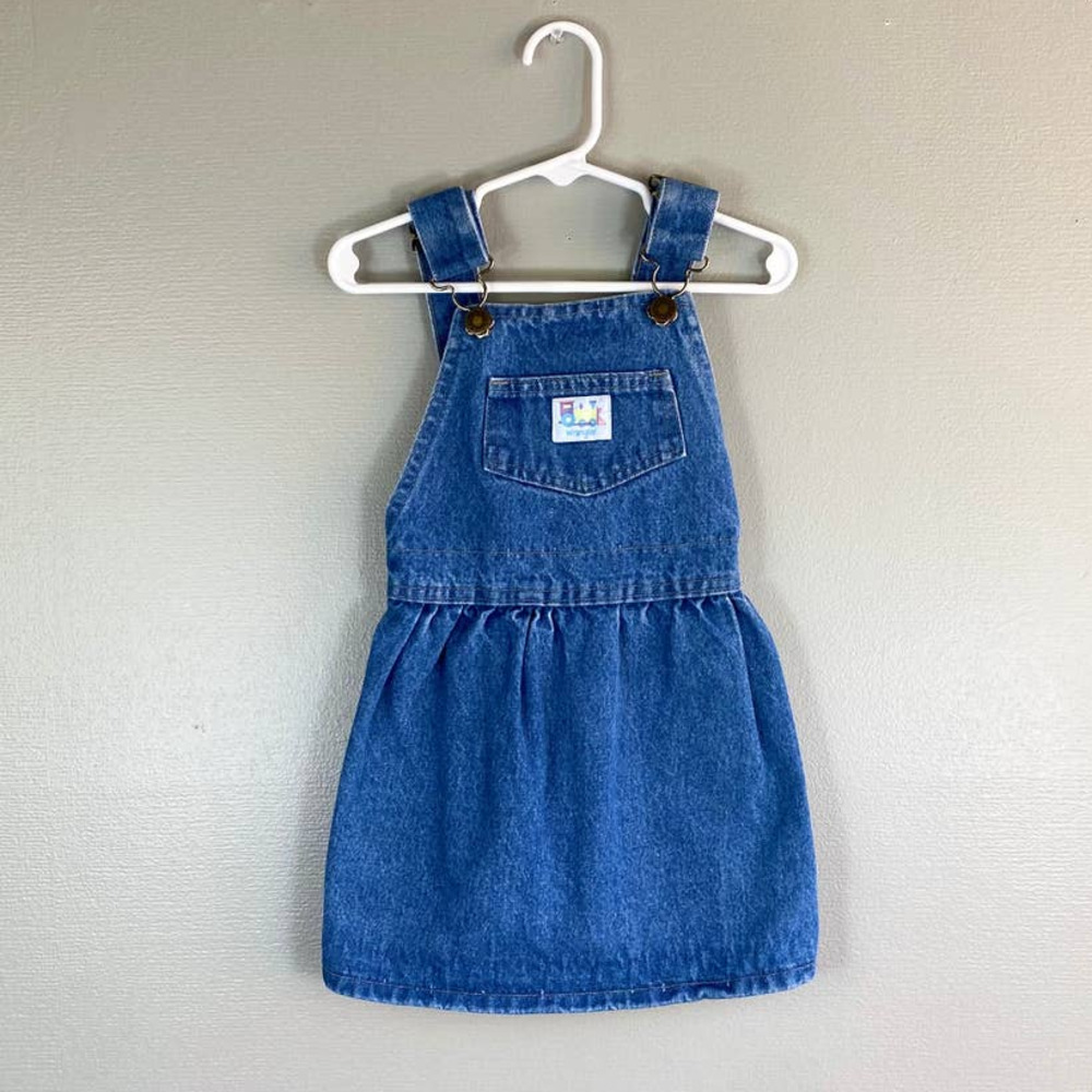 Vintage Toddler Girl Lee Wrangler Train Blue Overall Dress Size 3T